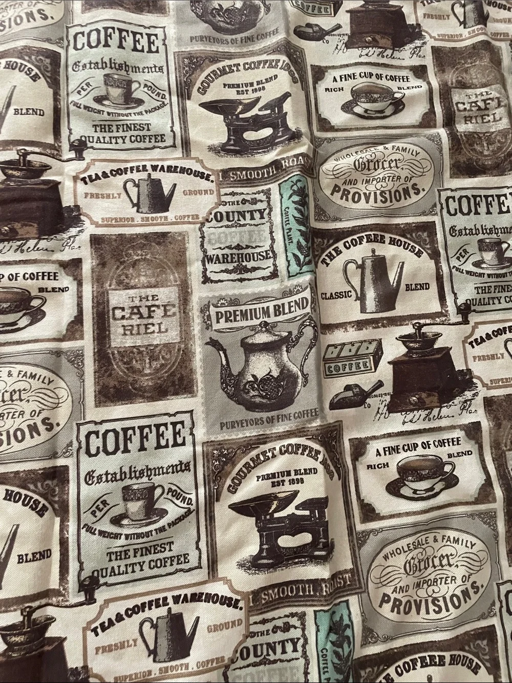 Coffee Print Kitchen Curtain Panels - Brown, Cream & Aqua Accents